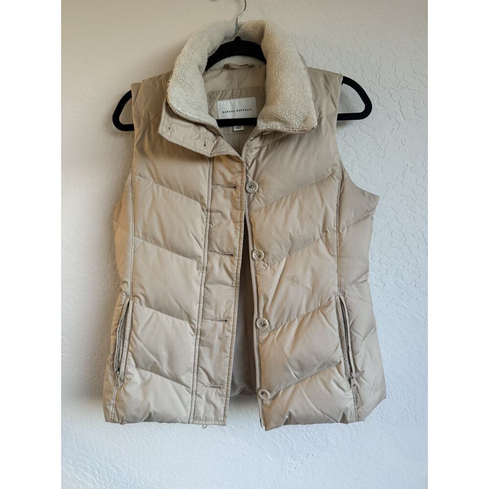 Banana Republic Down Puffer Vest XS Sherpa Collar Tan Winter Outdoor Layer